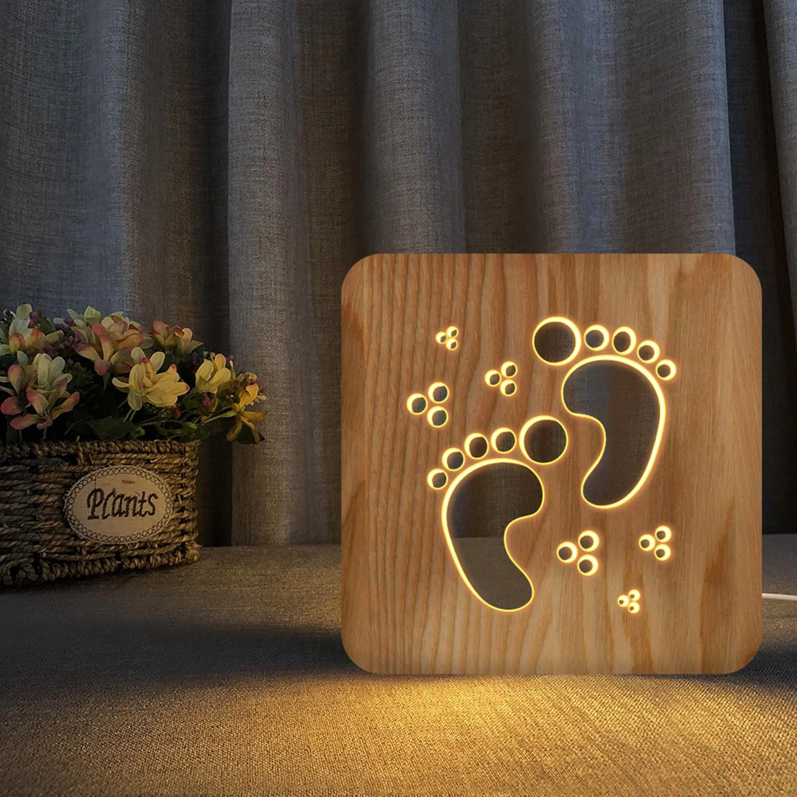 QH LED Wooden Night Lamps for Bedrooms Table Lamp 3D Feet Imprint USB Charge