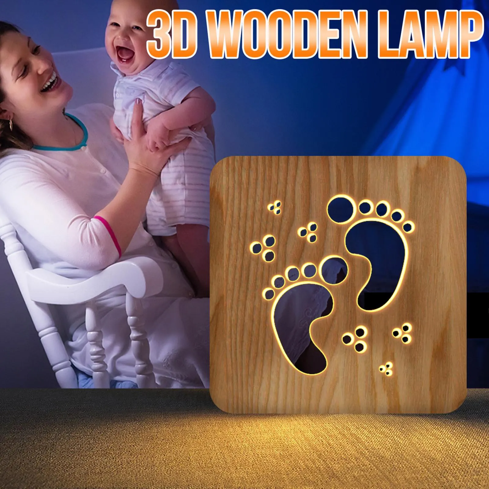 QH LED Wooden Night Lamps for Bedrooms Table Lamp 3D Feet Imprint USB Charge