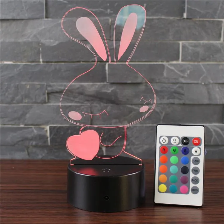 Rabbit 3D Night Light Sleeping Light for Kids Boys Table Desk Lamp with Touch Switch Remote Control RGB for Gifts Birthday