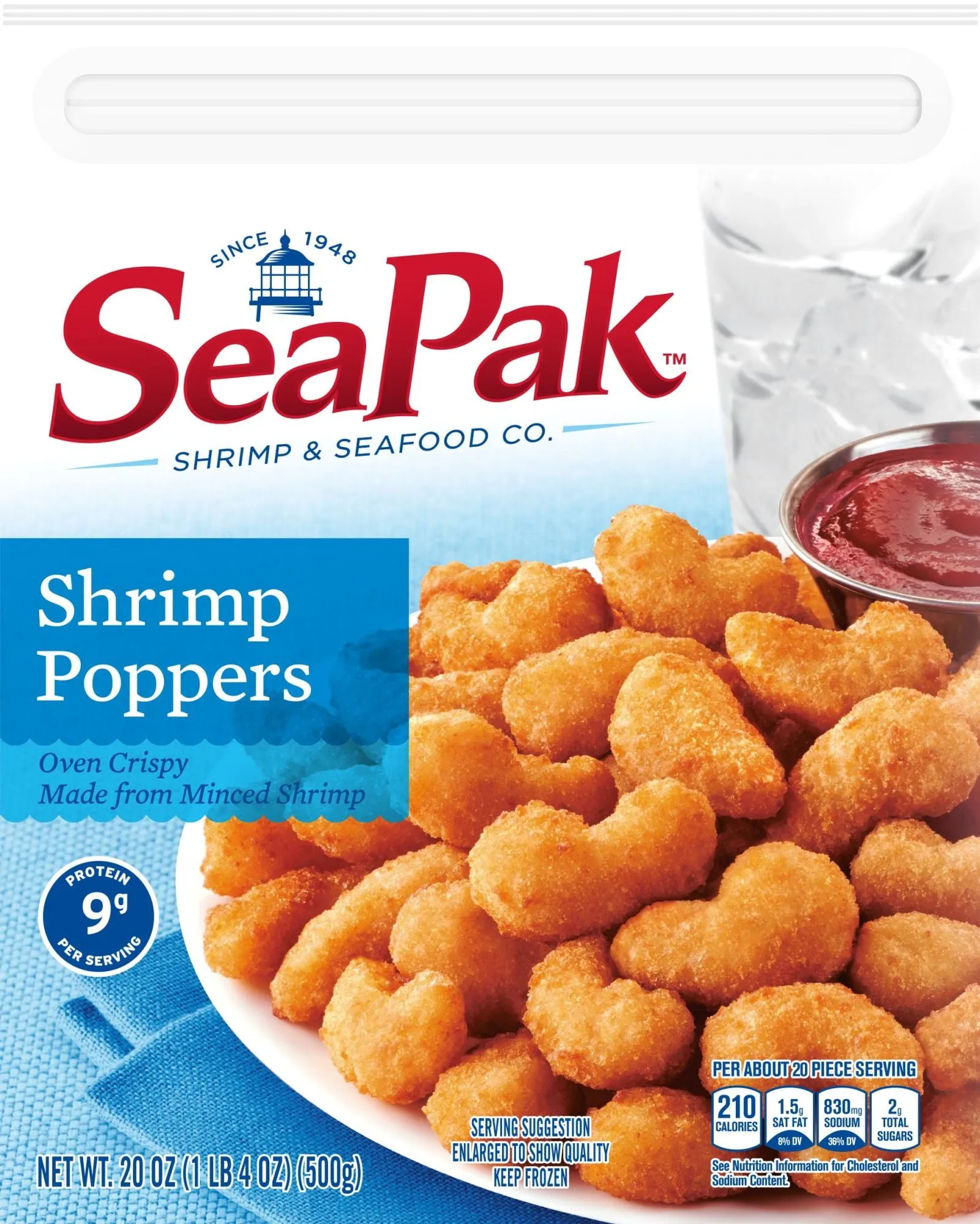 SeaPak Shrimp Poppers with Oven Crispy Breading, Frozen Seafood Snack, 20 oz