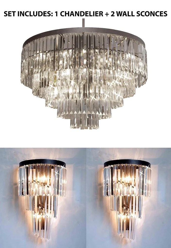 Set Of 3: 1 Palladium Empress Crystal (Tm) Glass Fringe Chandelier Chandeliers Lighting   2 Retro Palladium Crystal Glass Fringe Helix 3 Tier Spiral Wall Sconces - 1Ea 1157/17   2Ea 1100/4