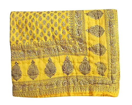 Slickcomfort Pure Cotton Jaipuri Razai Traditional Sanganeri Print Light Weight Razai AC/Winter Quilt/Razai (Yellow, Single Bed)