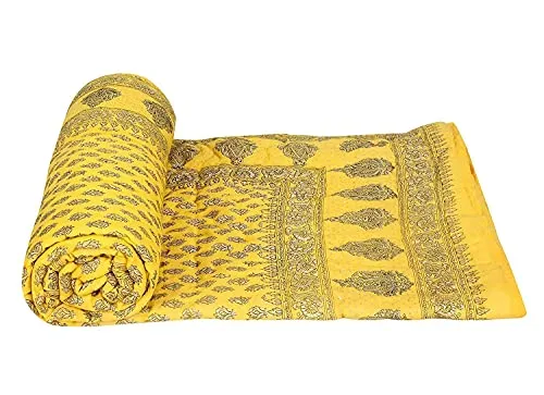 Slickcomfort Pure Cotton Jaipuri Razai Traditional Sanganeri Print Light Weight Razai AC/Winter Quilt/Razai (Yellow, Single Bed)