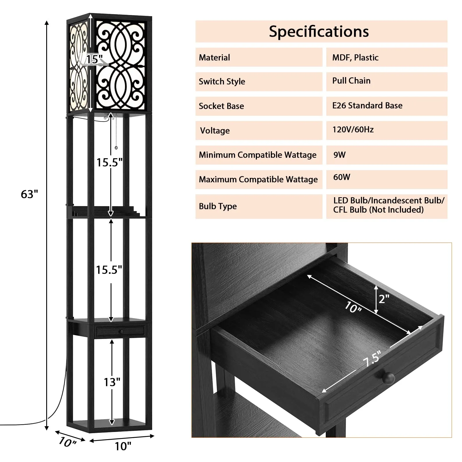 Tangkula Floor Lamp with Shelves and Drawer