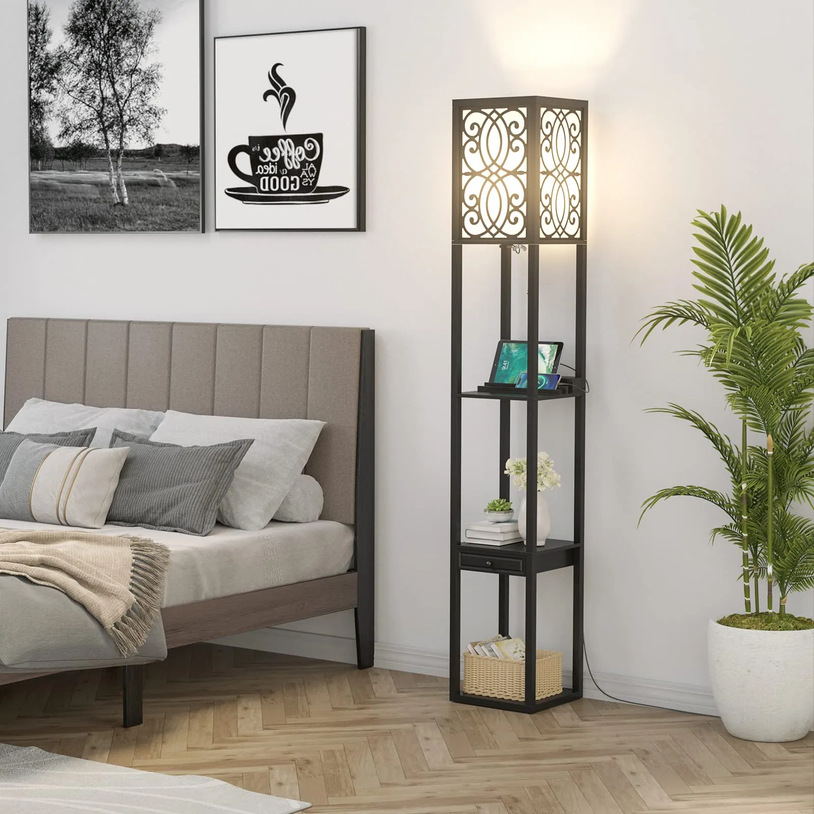 Tangkula Floor Lamp with Shelves and Drawer