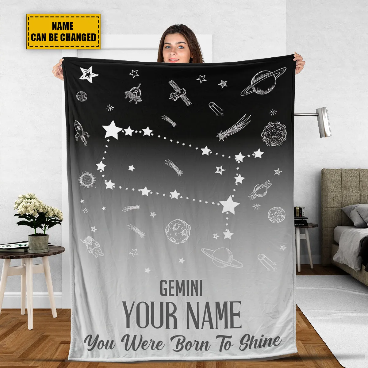 Teesdily | Gemini Customized Fleece Blanket Constellation Blanket You Were Born To Shine Fleece Personalized Name Zodiac Blankets Astrology Gifts