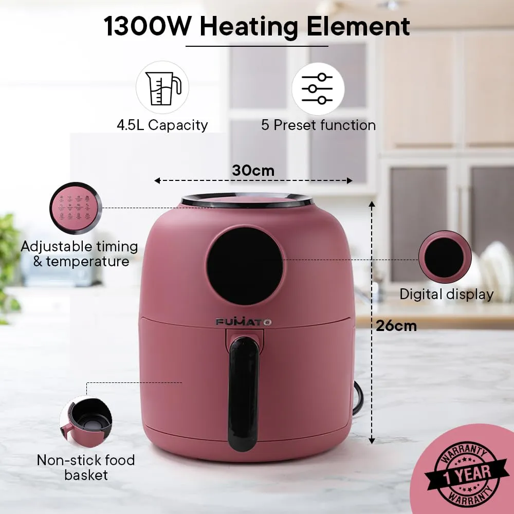 The Better Home FUMATO Aerochef Air fryer With Digital Touchscreen Panel 4.5L Pink & Stainless Steel Water Bottle 1 Litre Green