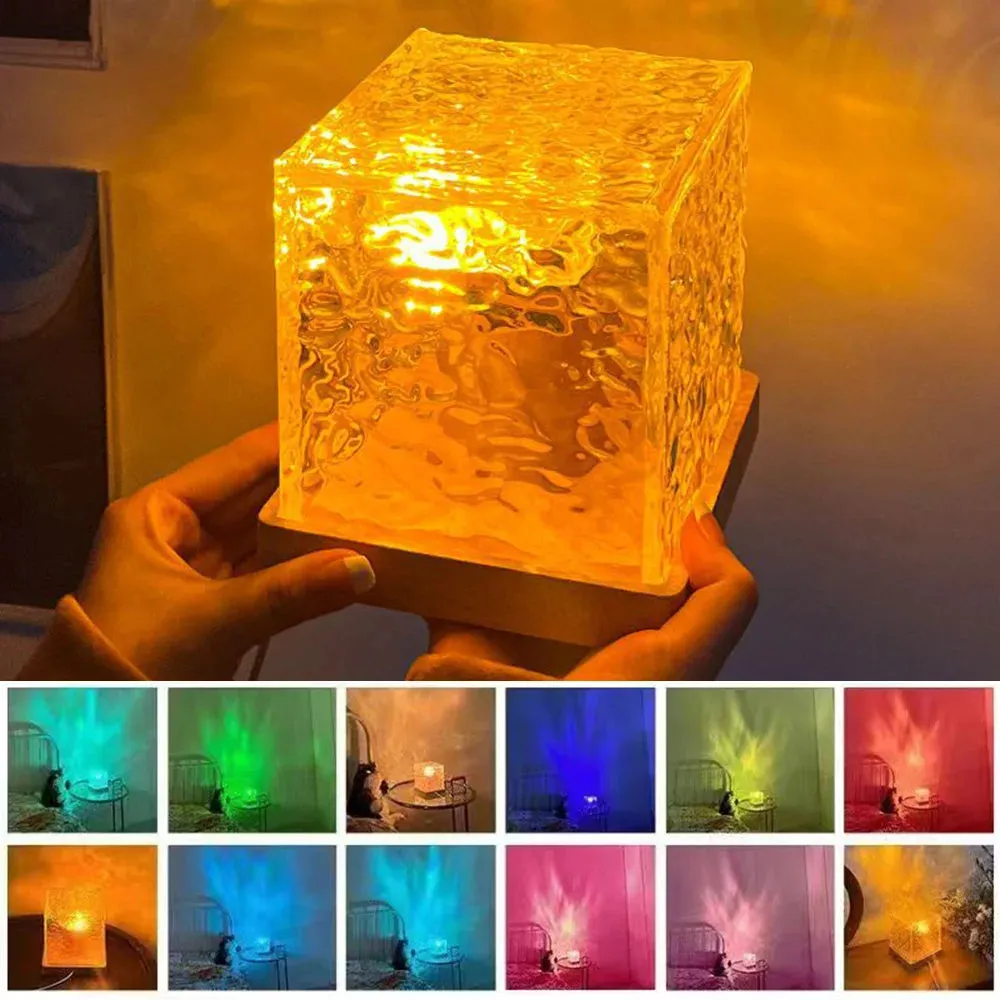 USB Crystal Lamp Water Ripple Projector Night Light Square Atmosphere Lamp Remote Control Sunset Light RGB Home Decorative Light