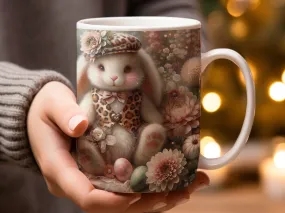 Whimsical Bunny Mug, Cute Rabbit with Flowers Illustration, Floral Dreamy Bunny Art Coffee Cup, Gift for Animal Lovers