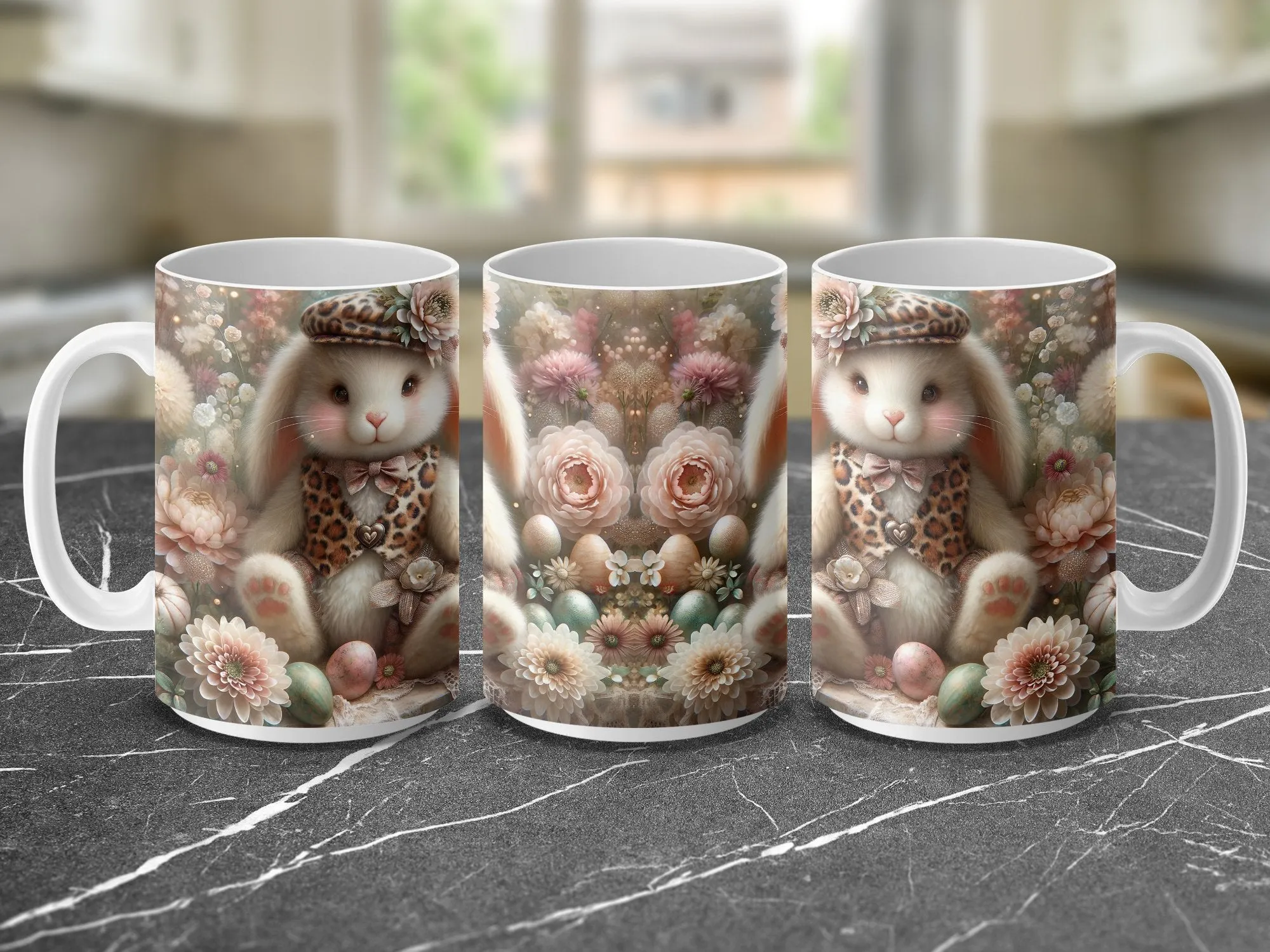 Whimsical Bunny Mug, Cute Rabbit with Flowers Illustration, Floral Dreamy Bunny Art Coffee Cup, Gift for Animal Lovers