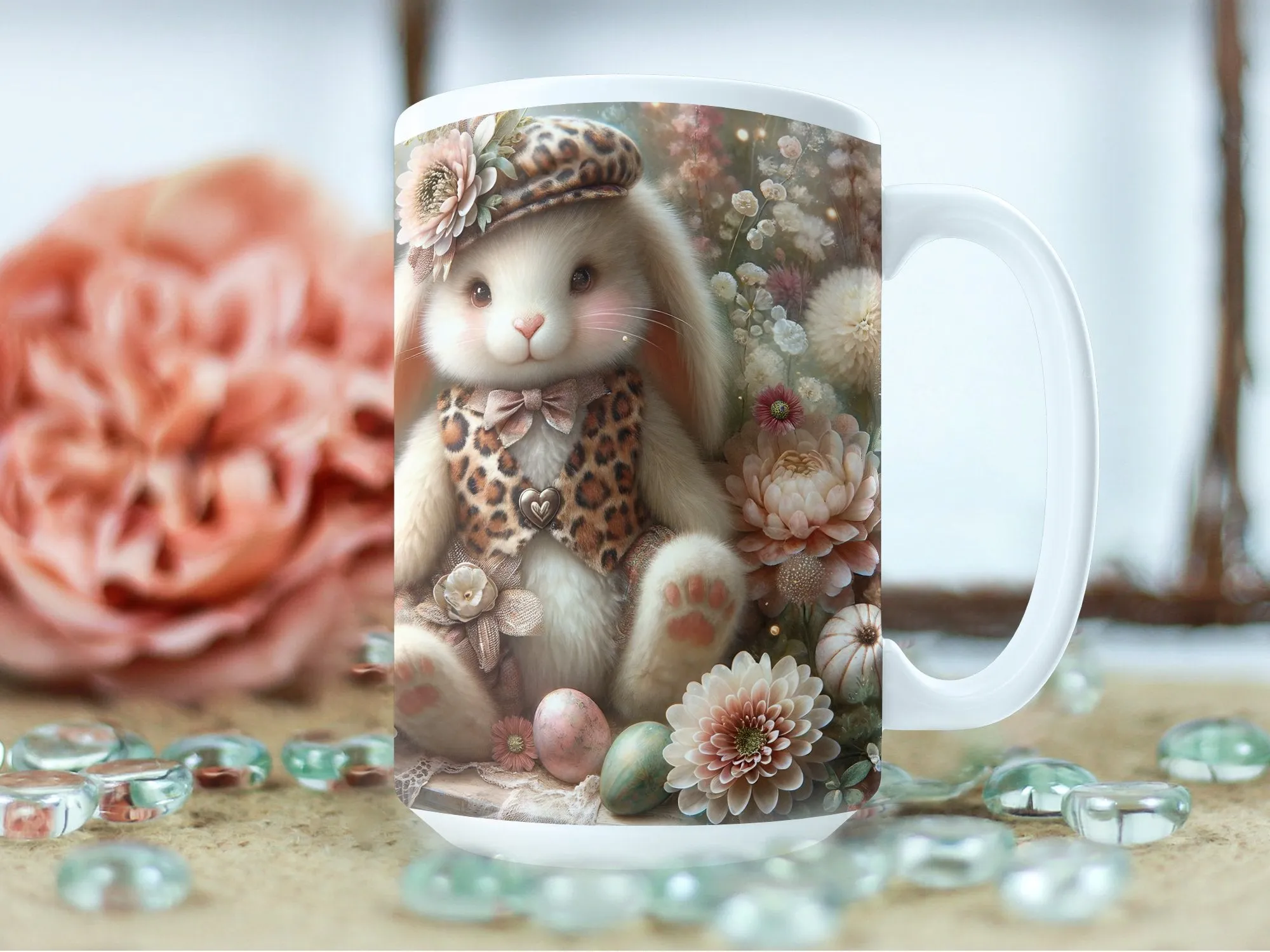 Whimsical Bunny Mug, Cute Rabbit with Flowers Illustration, Floral Dreamy Bunny Art Coffee Cup, Gift for Animal Lovers