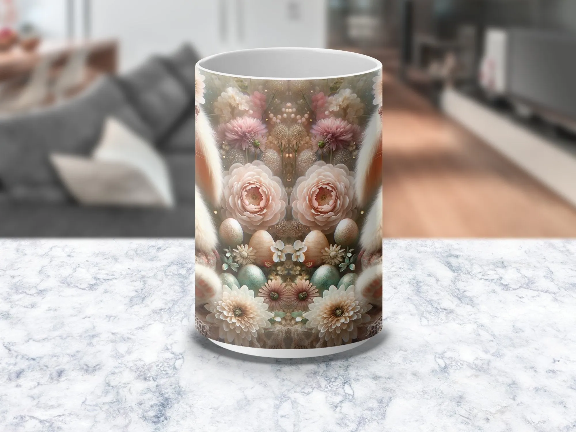 Whimsical Bunny Mug, Cute Rabbit with Flowers Illustration, Floral Dreamy Bunny Art Coffee Cup, Gift for Animal Lovers