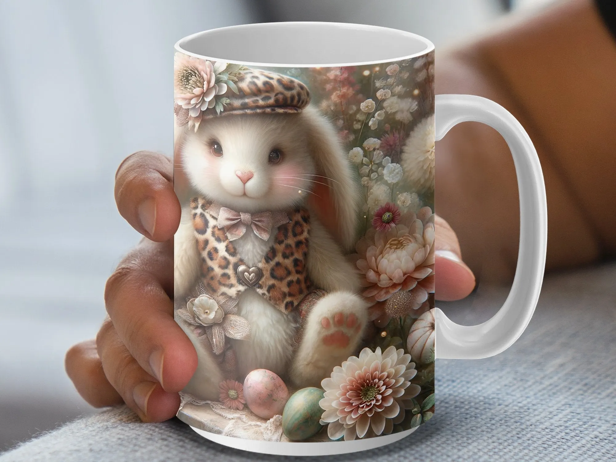 Whimsical Bunny Mug, Cute Rabbit with Flowers Illustration, Floral Dreamy Bunny Art Coffee Cup, Gift for Animal Lovers