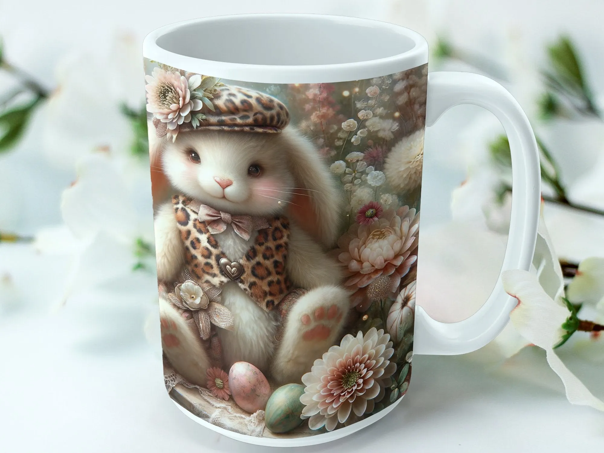 Whimsical Bunny Mug, Cute Rabbit with Flowers Illustration, Floral Dreamy Bunny Art Coffee Cup, Gift for Animal Lovers