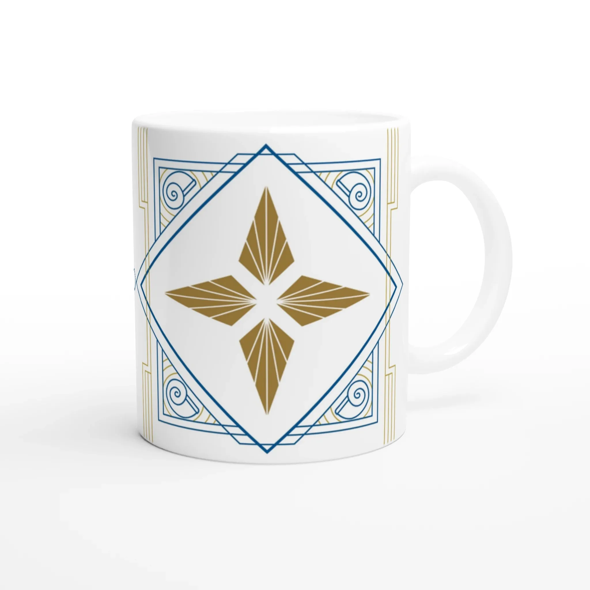 White Ceramic Mug with Philippine Art Deco and Gold Star Design