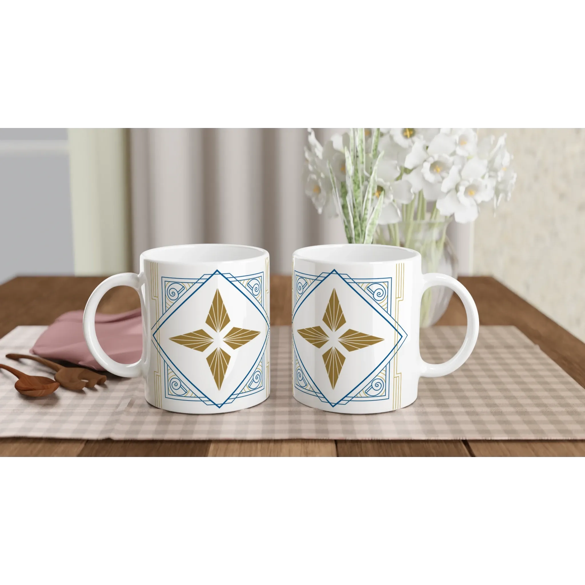 White Ceramic Mug with Philippine Art Deco and Gold Star Design