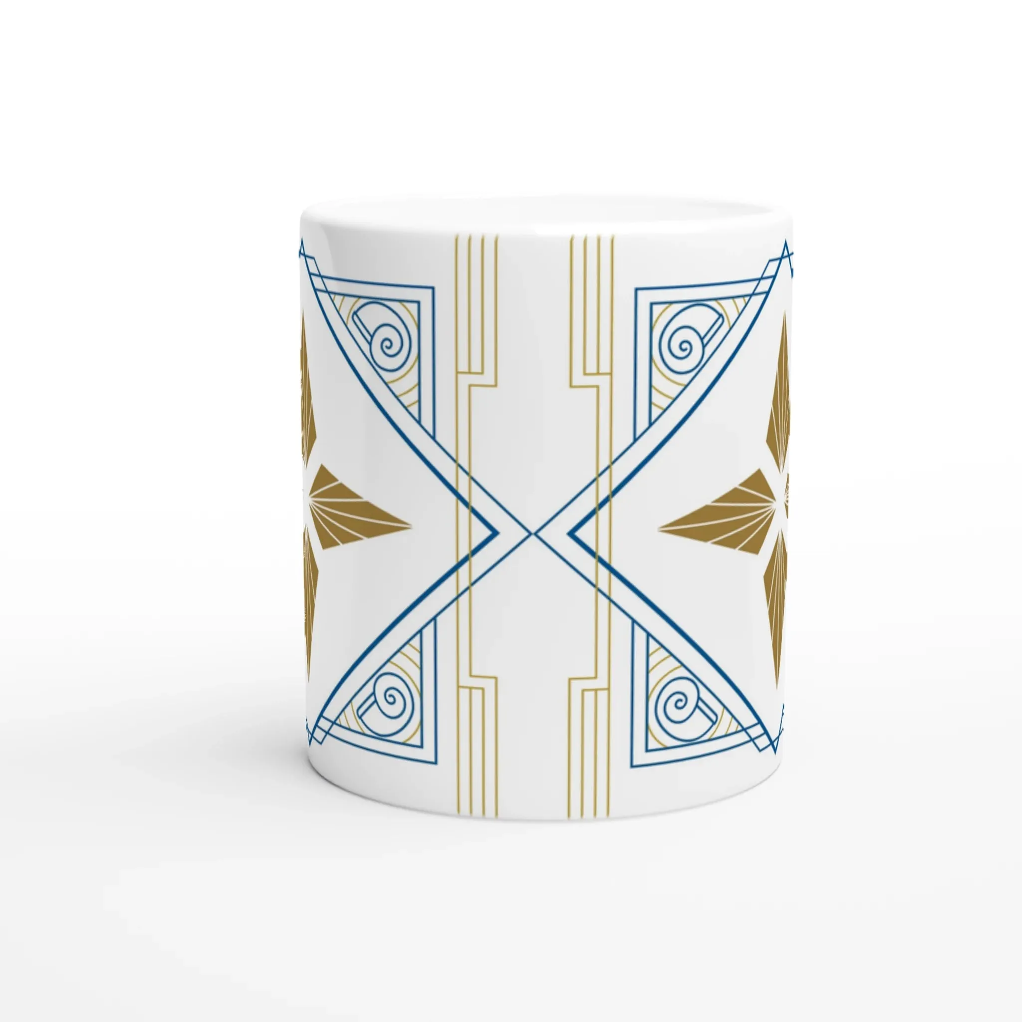 White Ceramic Mug with Philippine Art Deco and Gold Star Design