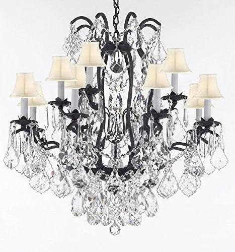 Wrought Iron Crystal Chandelier Lighting Trimmed with Swarovski Crystal! Good for Dining Room, Foyer, Entryway, Family Room, Bedroom, Living Room and More! H 36" W 36" 15 Lights - A83-B91/WHITESHADES/3034/10 5SW