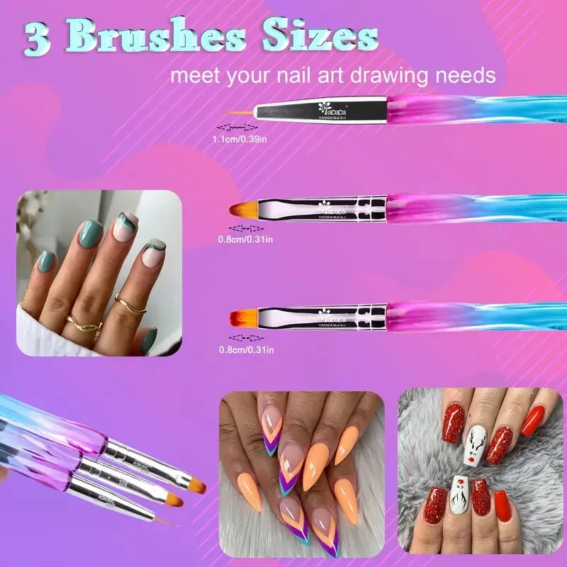 YADADA 3 Pcs Nail Art Brushes | Rainbow Acrylic Nail Brush | Nail Brushes For Nail Art| Nail Art Tools | Acrylic Brushes For Nails