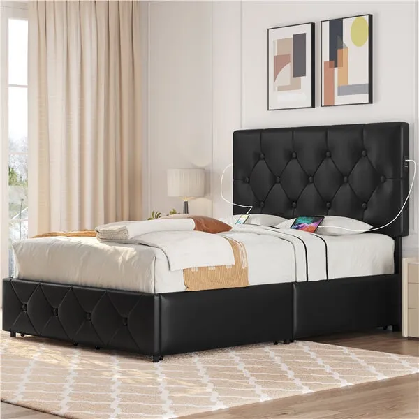 Yaheetech Upholstered Bed Frame with 2 USB Charging Stations