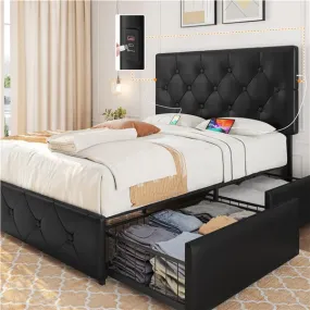 Yaheetech Upholstered Bed Frame with 2 USB Charging Stations