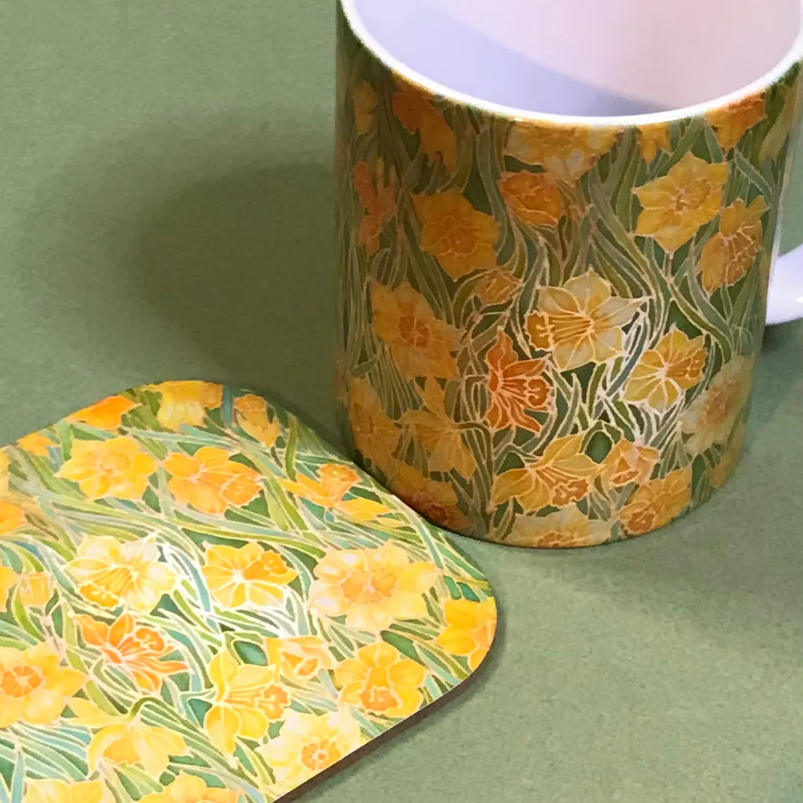 Yellow Daffodils mug - Mug and coaster box set -  Tea or Coffee Flower Mug In Yellow and Green - Mug Gift Set