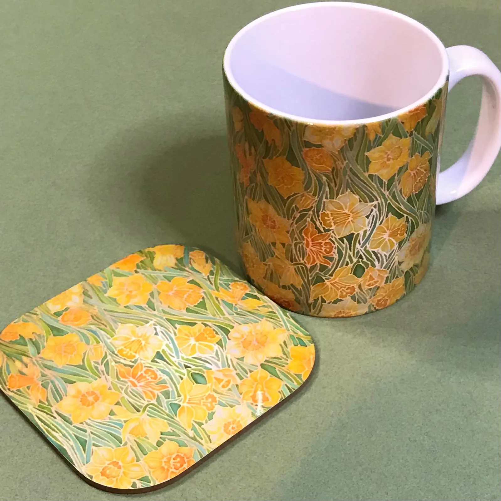 Yellow Daffodils mug - Mug and coaster box set -  Tea or Coffee Flower Mug In Yellow and Green - Mug Gift Set