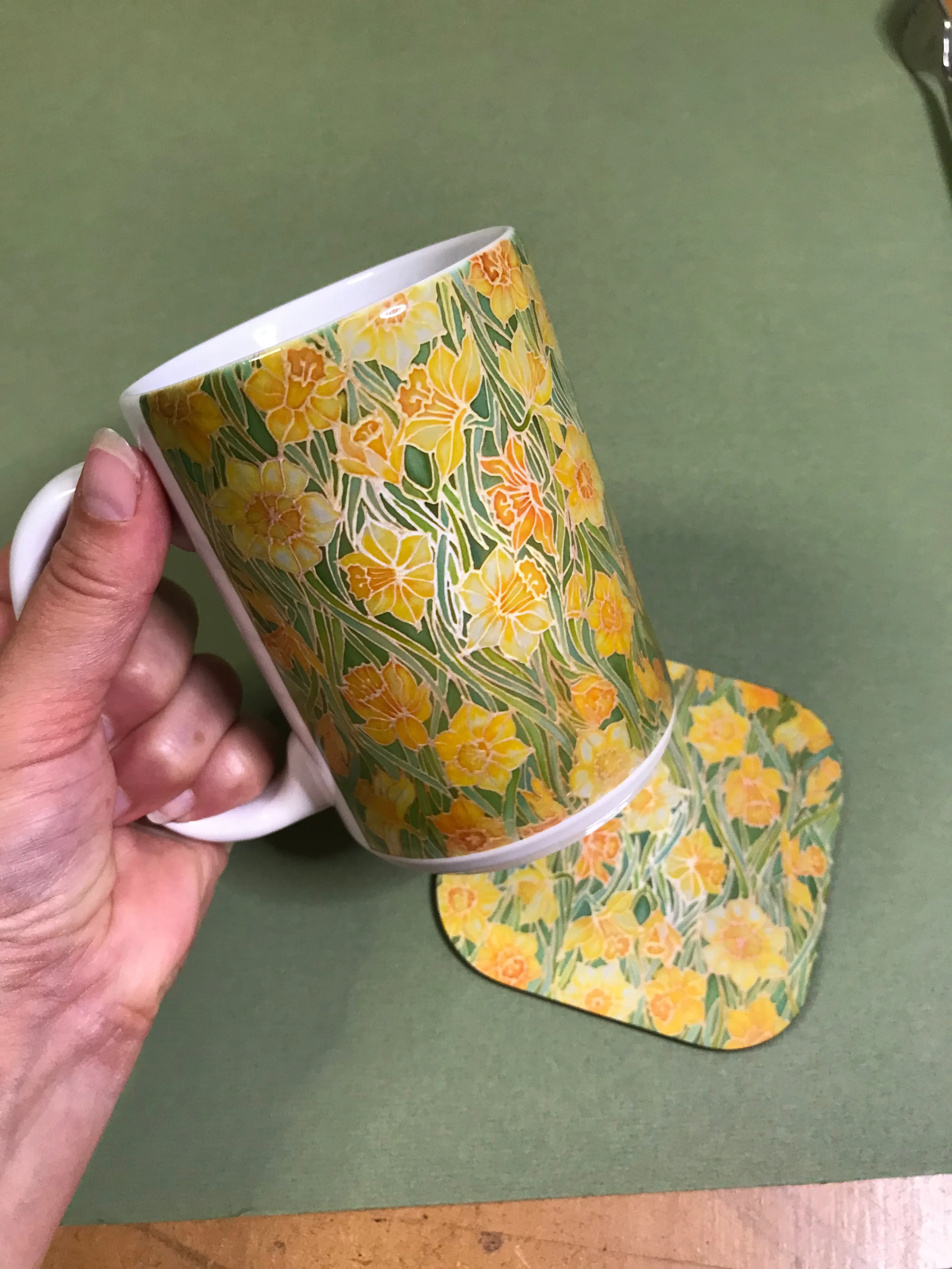 Yellow Daffodils mug - Mug and coaster box set -  Tea or Coffee Flower Mug In Yellow and Green - Mug Gift Set